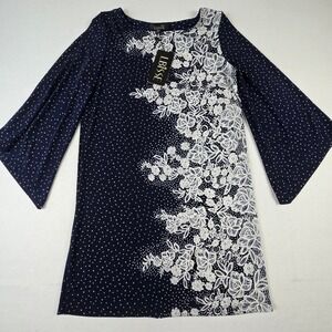 LBisse Bell Sleeve Dress Womens Small‎ Navy Blue New Polka Dot Floral Shift (D4)